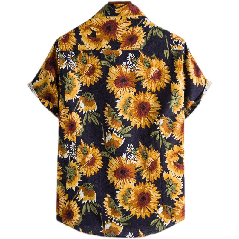 Casual Hawaiian Beach Resort Style Sunflower Print Shirt