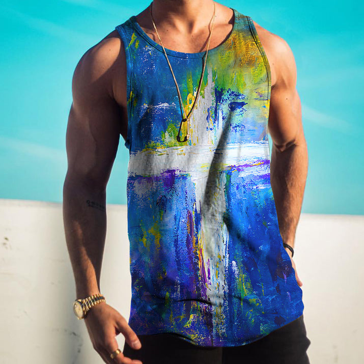 Easter Cross Blue Tie Dye Print Fashion Casual Vintage Tank Top