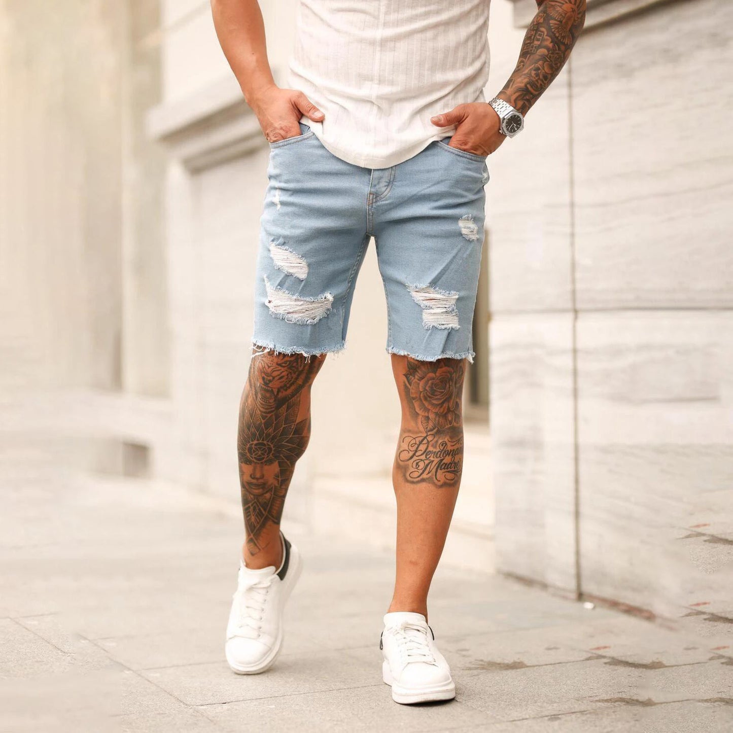 Casual Personality Denim Ripped Shorts Men's Five-point Pants