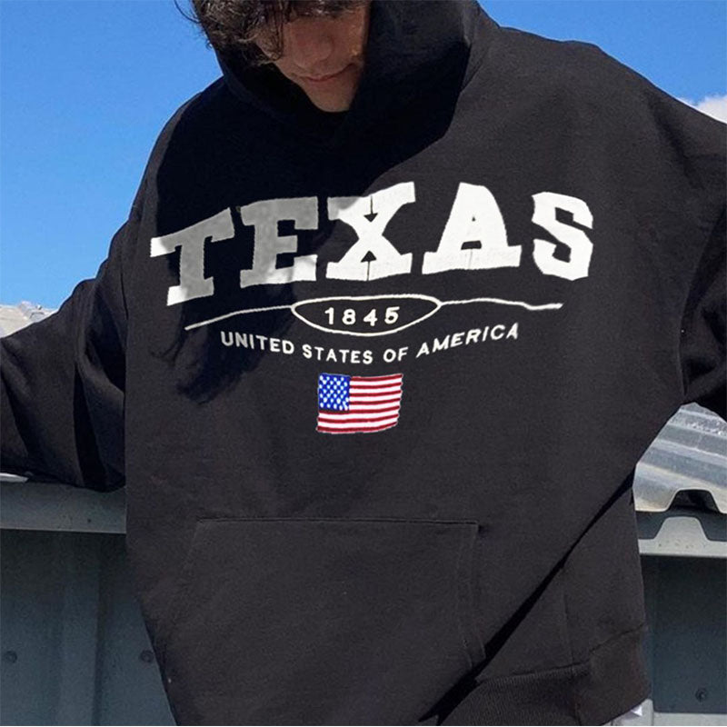 Texas Print Streetwear Men's Fleece Hoodie Black 320g