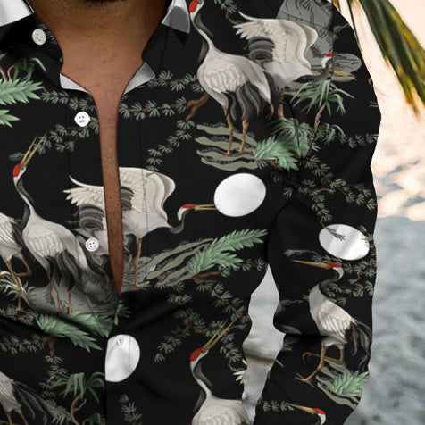 Beach Personality Trend Bird Pattern Casual Holiday Long Sleeve Shirt