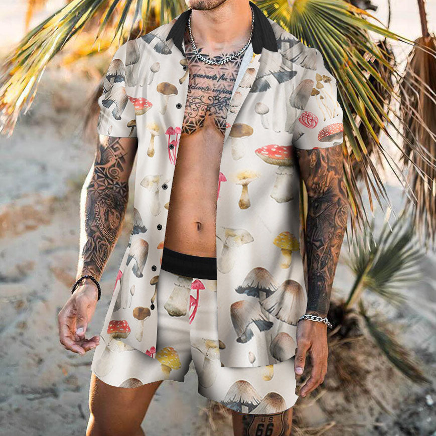 Mushroom Print Hawaii Vacation Casual Beach Suit