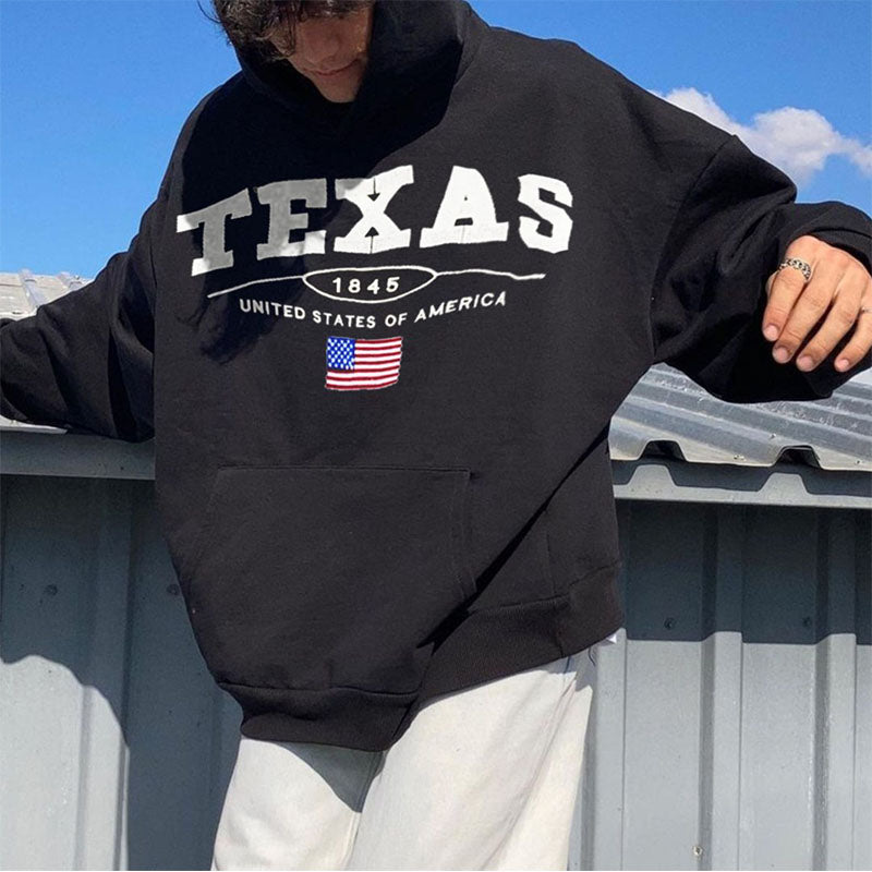 Texas Print Streetwear Men's Fleece Hoodie Black 320g