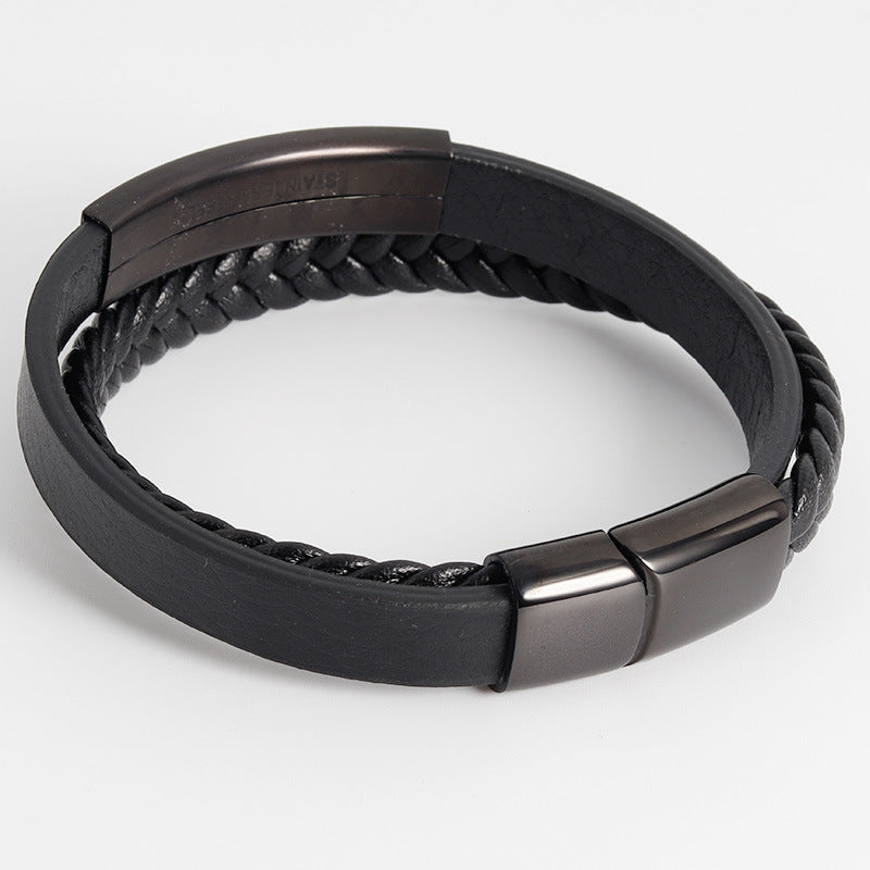 Men's Stainless Steel Woven Bracelet with Black Leather Cord and Leather