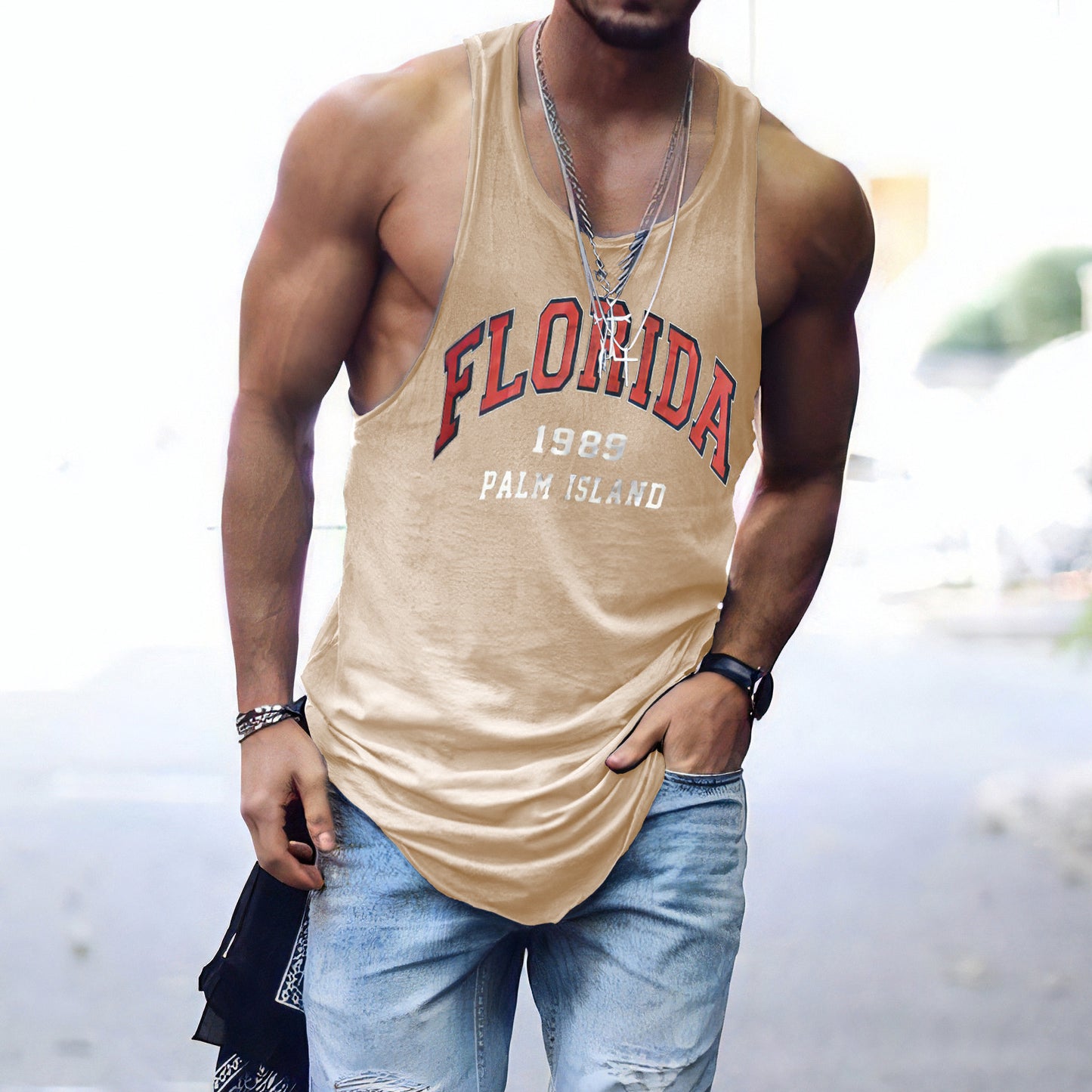 FLORIDA Letter Graphic Print Crew Neck Casual Tank Top